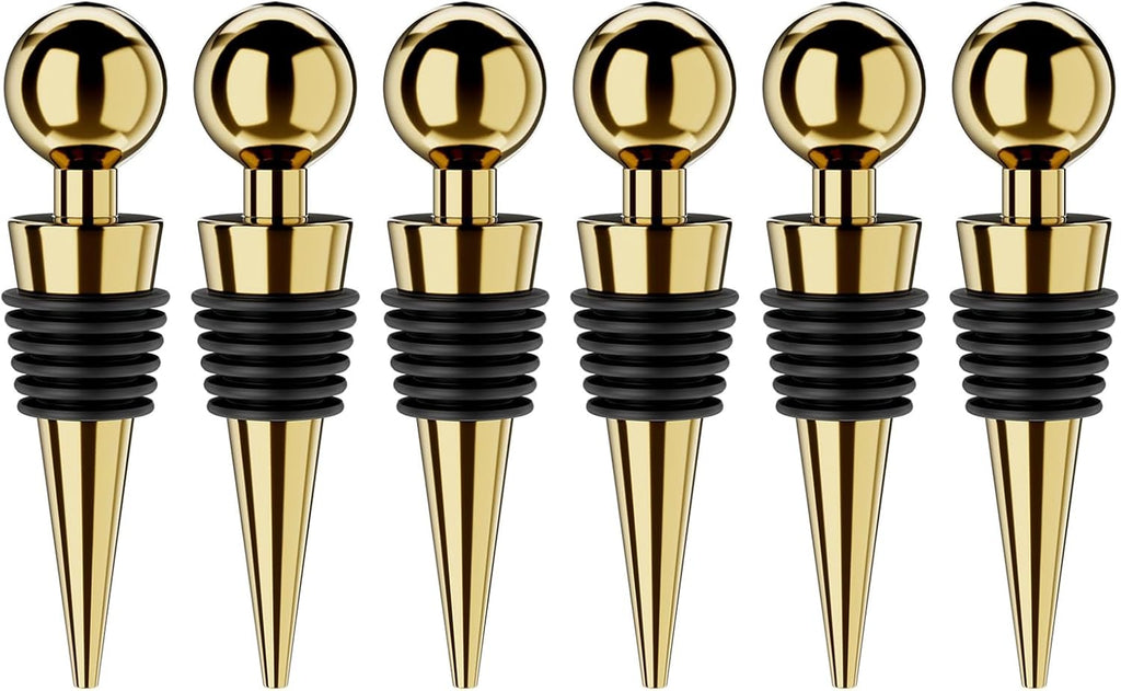 Wine Stoppers for Wine Bottles 6Pcs Vacuum Wine Bottle Stopper with Silicone Reusable Wine Corks, Leak proof Keep Fresh Suitable for Standard (Gold, 6 Pack)