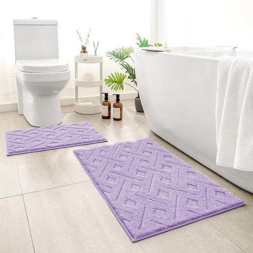 HOMEIDEAS Bathroom Rugs Sets 2 Piece, Extra Soft Shaggy Absorbent Non Slip Machine Washable Grid Bath Mats for Bathroom, Tub and Shower (Lavender Purple)