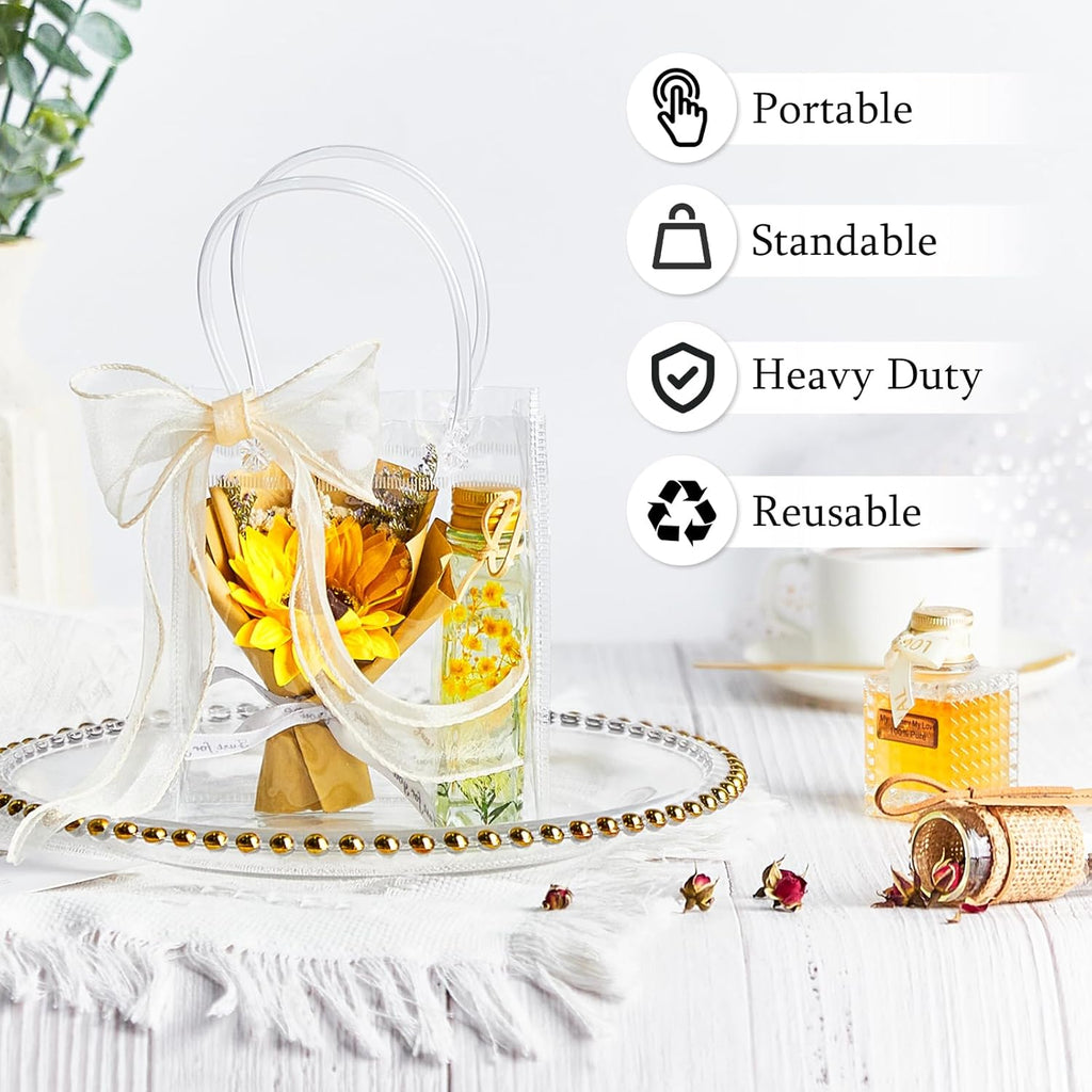 Ohuimrt 50 PCS Clear Plastic Gift Bags with Handles, 5.9 x 4.92 x 2.75 Inches Reusable Party Favor Bags with Ribbon Transparent Gift Wrap Bags Bulk for Weddings Birthdays