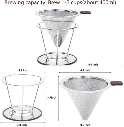 HAPYHOOM Pour Over Coffee Dripper Stainless Steel Coffee Filter Metal Cone Filter Paperless Reusable Single Cup Maker 1-2 Cup With Non-slip and Removable Cup Stand