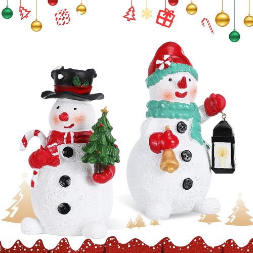 Amosfun Christmas Snowman Figurines - 2pcs Resin Ornaments for Holiday Decor | 6 Inch Tall Centerpieces