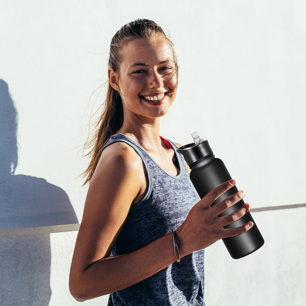 Skiennix 40 Oz Insulated Water Bottle - Stainless Steel, Leakproof, BPA-Free | Black with 2 Lids
