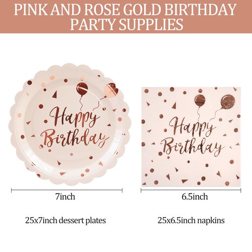 HFBOBP 50PCS Happy Birthday Paper Plates and Napkins Set - 7 Inch Pink Rose Gold Birthday Cake Plates Scalloped Dessert Plate Disposable Tableware for Birthday's Party Supplies Decorations