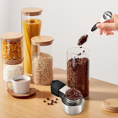 16-Piece Magnetic Measuring Cups and Spoons Set, Stainless Steel with Non-Slip Silicone Handles and Leveler, Essential Kitchen Baking Tools (Black)