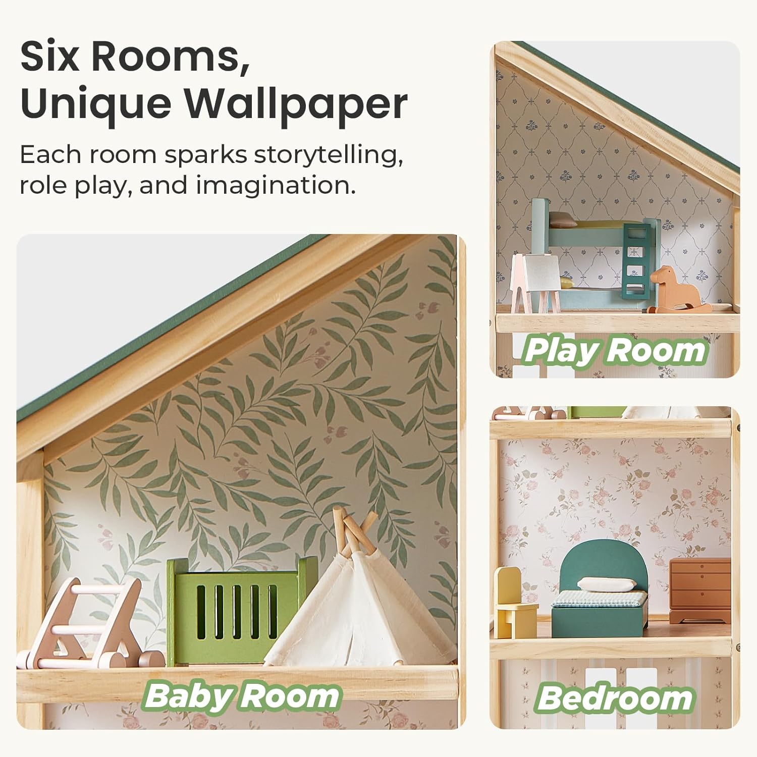 Tiny Land Wooden Dollhouse - 6 Rooms DIY Doll House with 31 Furniture Accessories | Creative Gift for Girls Ages 3+ - Green