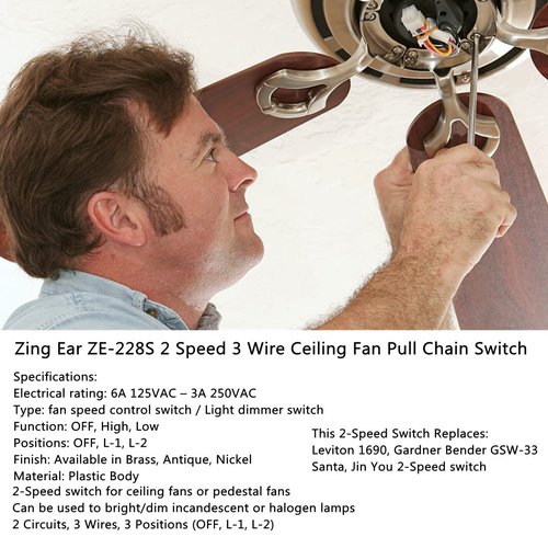 Ceiling Fan Switch Zing Ear ZE-228S 2 Speed 3 Wire Ceiling Fan Pull Chain Switch Speed Control Switch for Ceiling Fans, Wall Lamps, Cabinet Light, 2Pack Brass