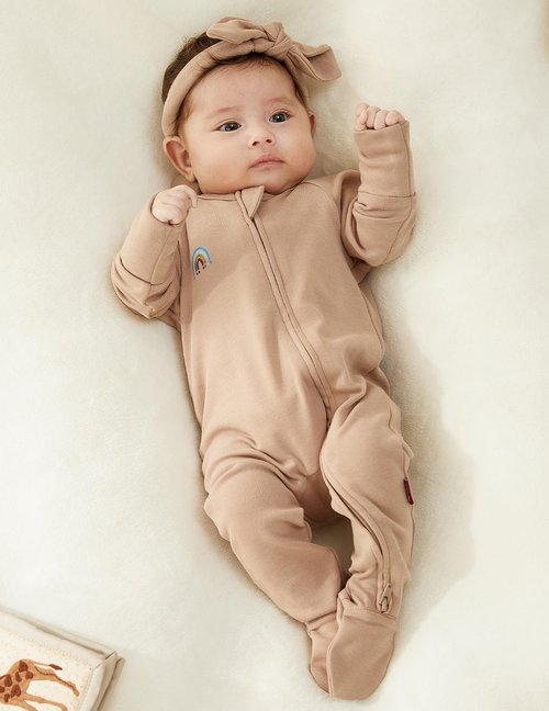 Momcozy Unisex Baby Pajamas, Baby-Temp Monitoring Double Zipper Boy Girl Sleepers Rompers Footie, 2 Pack Light Weight Stretchy Viscose Derived from Bamboo Baby Jammies, 0-3 M, Pinkish Grey Brown