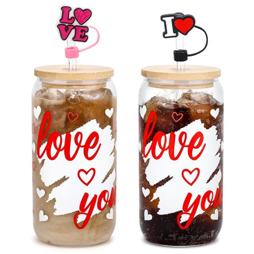 2 Pcs Valentine's Day Glass Cups 16 oz Color Changing Cups with Lids & Straws Iced Coffee Tumbler Drinking Mug with Printed love you Red Heart for Galentines Couple Wedding Anniversary Birthday Gifts