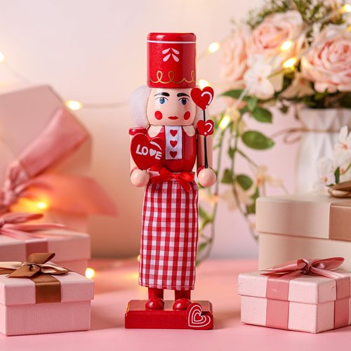 Chunful Valentine's Day Nutcracker Wooden Red Heart Nutcracker Figures 10 Inch Lollipop Soldier Creative Collectible Gift for Valentine's Day Table Decor