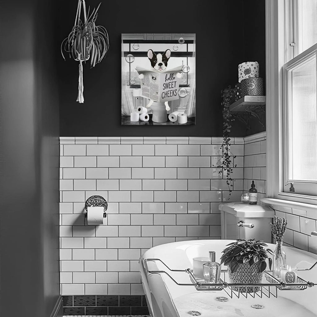 Parylore Funny Bulldog Wall Art Black and White Dog Bathroom Print Farmhouse Bathroom Animals Wall Decor Dog Sitting in Toilet Reading Newspaper Painting Framed Artwork for Toilet Bathroom 16x24 inch