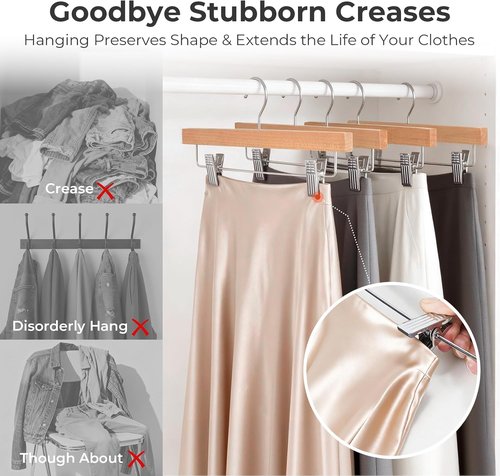 HOUSE DAY Premium Wooden Pants Hangers - Heavy Duty Anti-Slip Clips for Slacks & Jeans | 25 Pack, Natural Finish