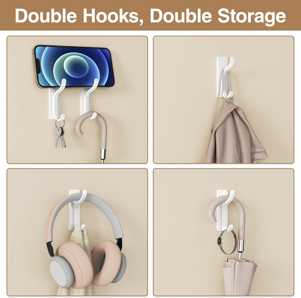 Pickpiff Adhesive Wall Coat Hooks - Heavy Duty Stick-On Metal Hangers for Towels, Bags & Clothes - White, 4 Pack
