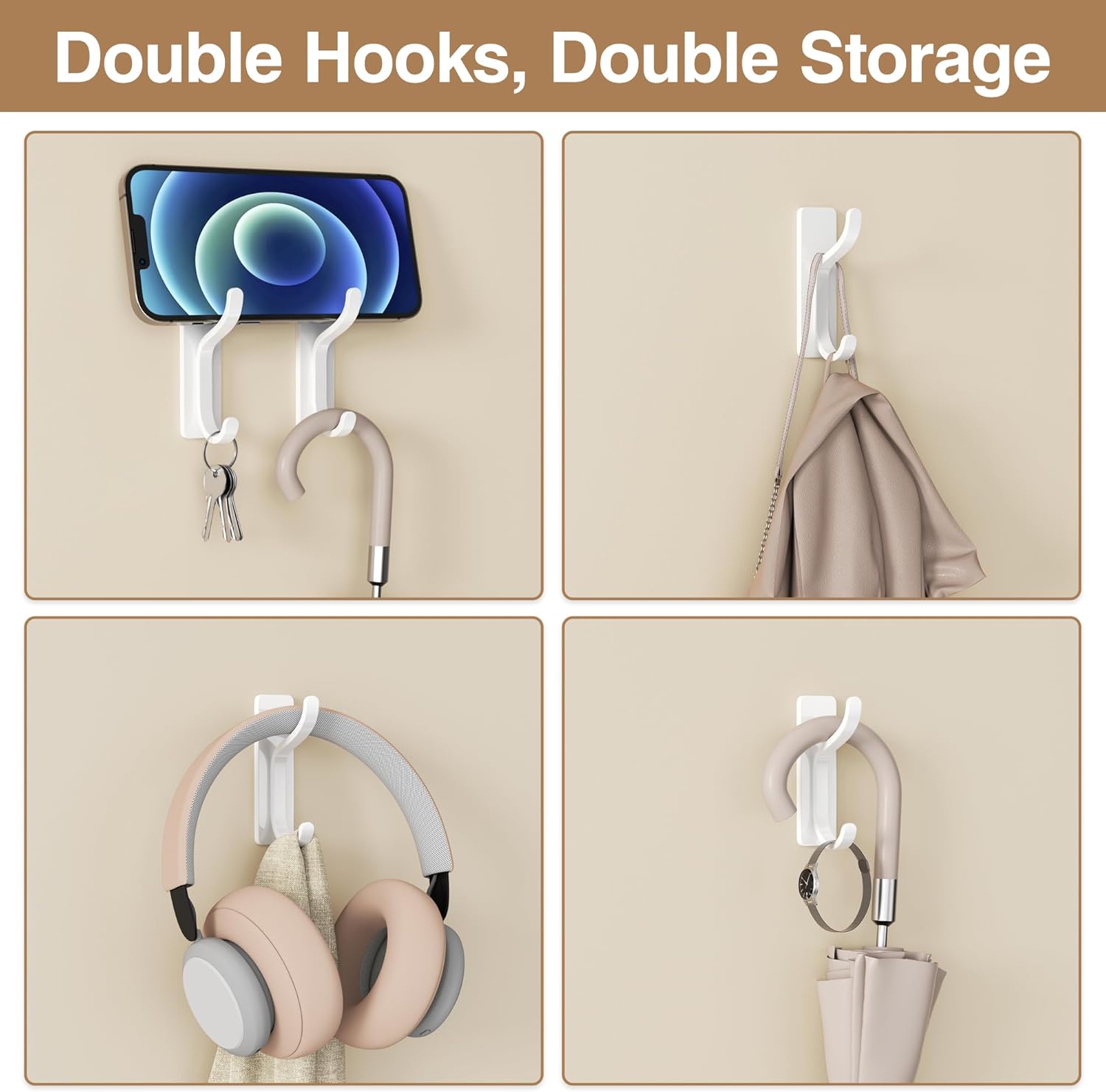 Pickpiff Adhesive Wall Coat Hooks - Heavy Duty Stick-On Metal Hangers for Towels, Bags & Clothes - White, 4 Pack