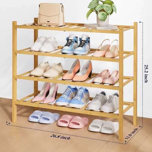 Kitsure Bamboo Wooden Shoe Rack - Stackable 4-Tier Organizer for Closet, Entryway & Bedroom - 26.8" Wide, Natural