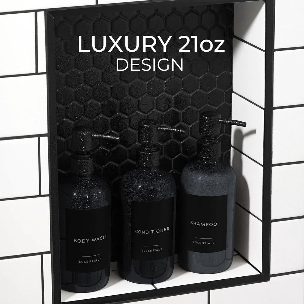 Stylish Shampoo & Conditioner Dispenser Set - Modern 21oz Pump Bottles with Labels | Easy Refill for Bathroom Decor - Black