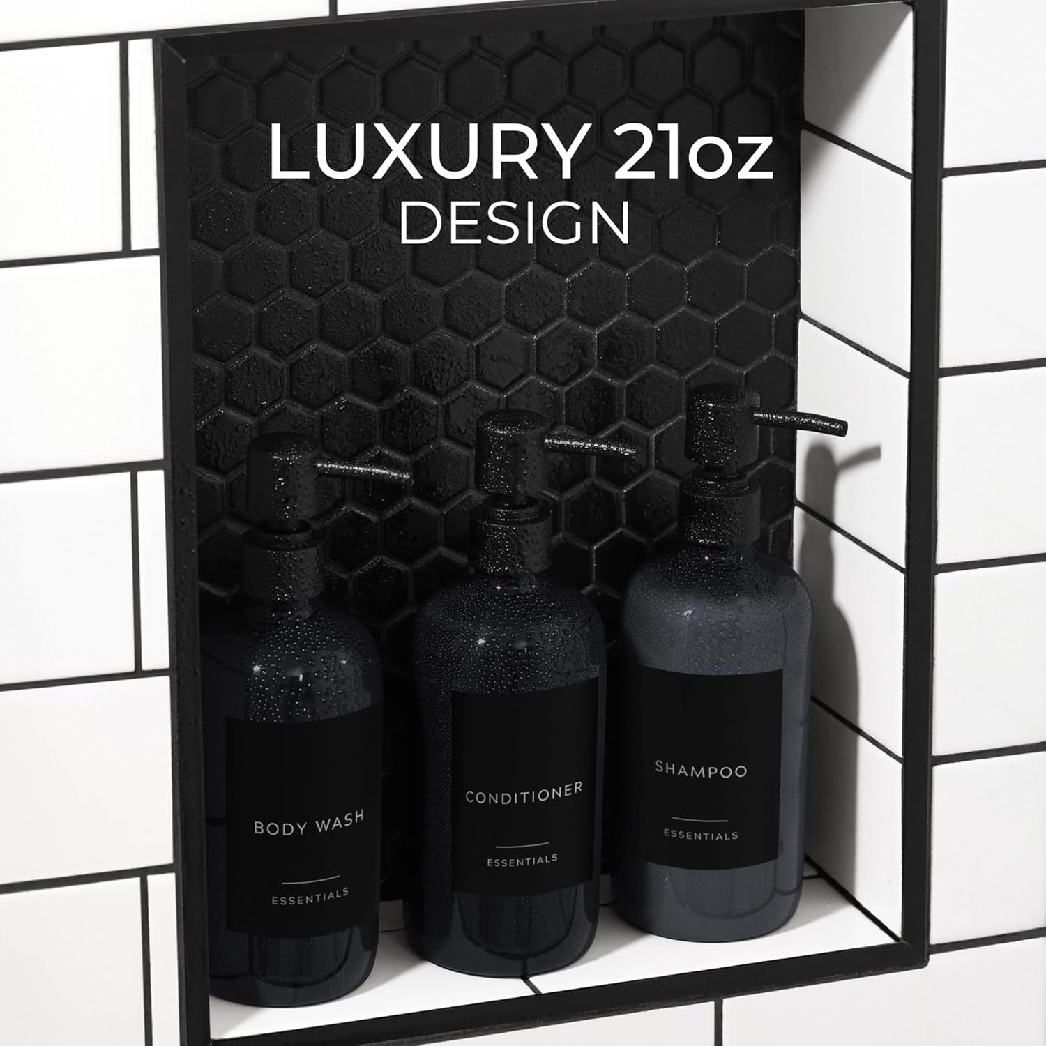 Stylish Shampoo & Conditioner Dispenser Set - Modern 21oz Pump Bottles with Labels | Easy Refill for Bathroom Decor - Black