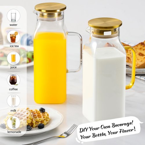 2 Pack 2 Liters/68 oz Square Glass Pitcher with Lid and Handle for Fridge, Iced Tea and Coffee Carafe Beverage Serveware, Heat Resistant Borosilicate Water Gold Jug for Hot/Cold Drinks and Milk