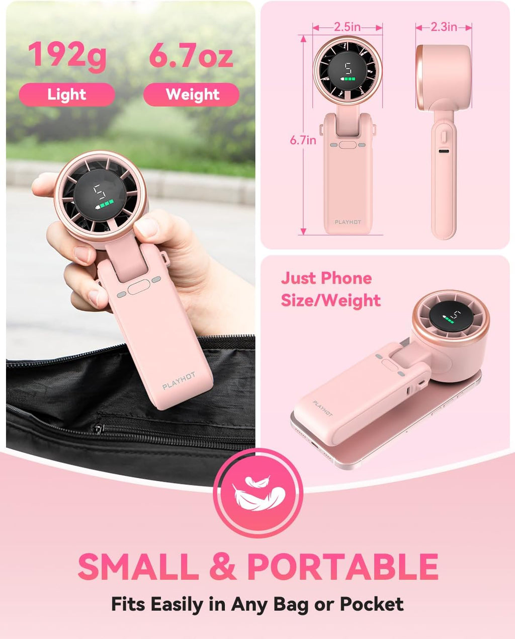PlayHot Portable Handheld Turbo Fan - 5-Speed Rechargeable Personal Fan | 5000mAh Battery, 12-Hour Use, Lightweight 0.6lb, 3-in-1 Design (Pink)