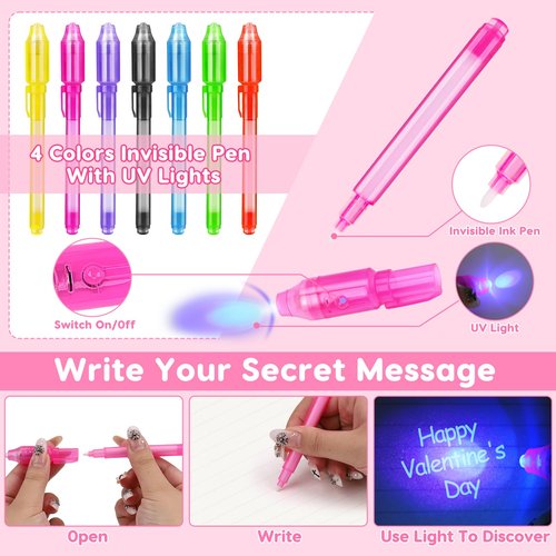28PCS Spy Pens Valentines Day Gifts for Kids School Magic UV Light Pen Valentine Exchange Cards for Kids Classroom Toddler Boy Girl Valentine’s Class Party Favors Goodie Bag Stuffers Bulk Prizes