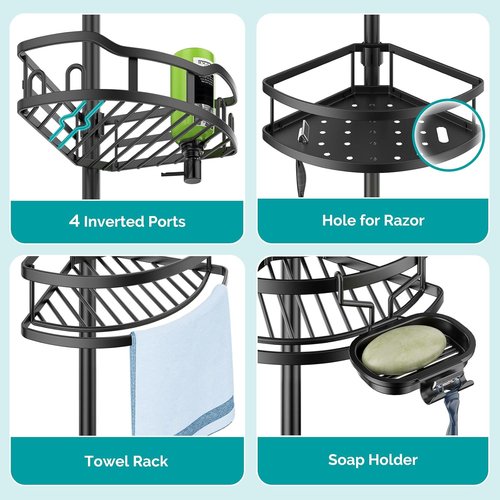 HAMITOR Corner Shower Caddy - Rustproof 4-Tier Bathroom Organizer for Shampoo & Soap | Adjustable 47-121 Inch Black Rack