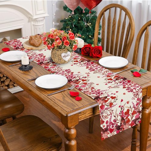 RABUSOFA Valentine's Table Runner, Pink Love Floral Anniversary Wedding Kitchen Dining Table Decoration for Home Party Decor 13x72 Inch Red Pink