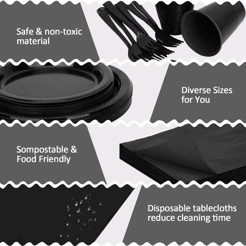 CLIYTICA Black Plastic Plates for Party,30 Guest Disposable Plastic Plate Set 9" Plates,7" Dessert Plates,Napkins,Cups,Forks & Tablecloth for Birthday,Halloween,Christmas,Graduations