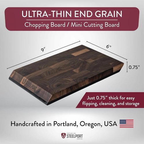 STEELPORT Mini Cutting Board 9"x6" - Steel Reinforced, Utlra-thin Butcher Block | Dual Sided - End-grain Walnut Wood, Composite Side | Chopping Board with Juice Groove | USA Made for Home, Chefs