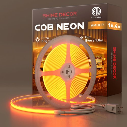 Shine Decor COB LED Rope Light AC 120V, 800lm Ultra Bright, IP65 Waterproof Cold-Resistant ETL Neon Strip, No Driver Tape Lighting for Home Commercial 10x4.5mm, Amber, 16.4ft