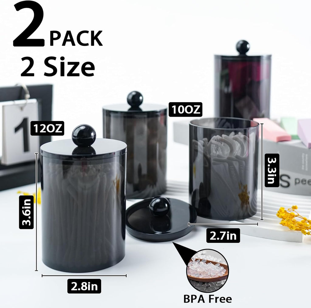 XIPENGKEJI Qtip Holder Set - Stylish Apothecary Jars with Lids for Bathroom Organization | 10oz-12oz Black Canisters