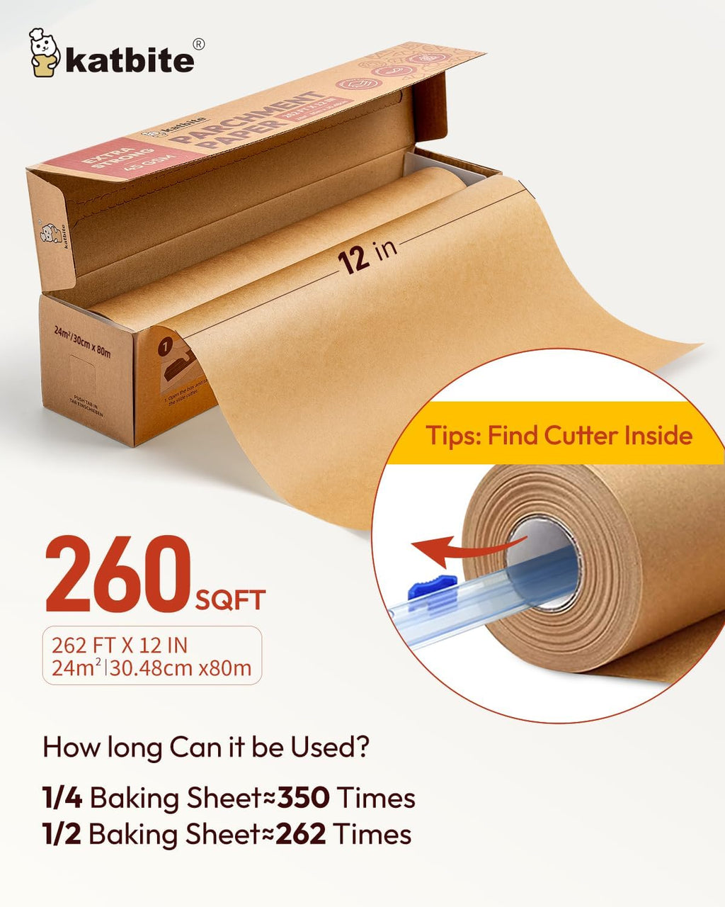 Unbleached Parchment Paper Roll - Heavy Duty Non-Stick Baking Paper with Slide Cutter | 12in x 262ft
