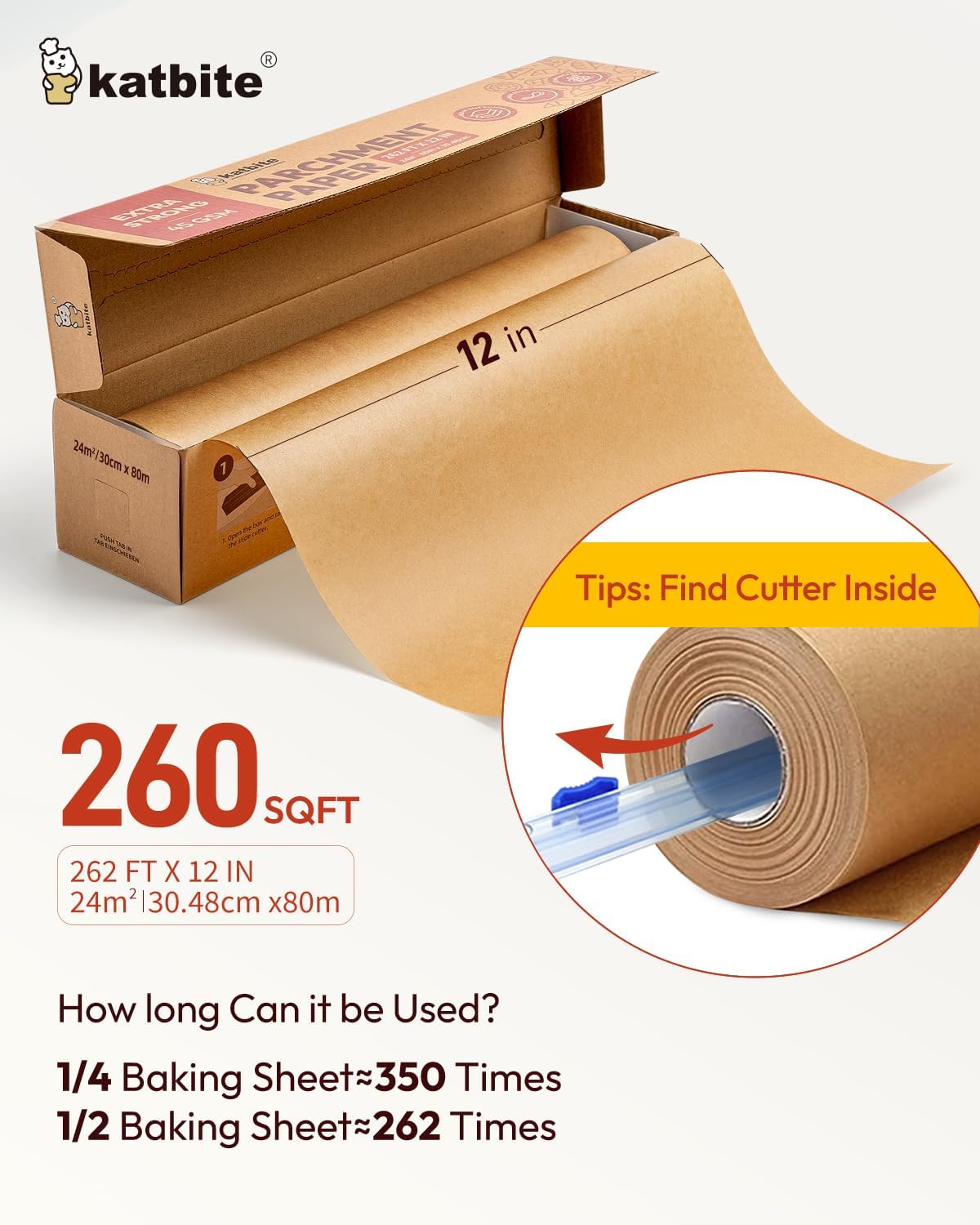 Unbleached Parchment Paper Roll - Heavy Duty Non-Stick Baking Paper with Slide Cutter | 12in x 262ft