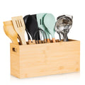 HUCINIUN Extra Large Bamboo Utensil Holder with 4 Compartments, Large Wooden Utensil Holder for Kitchen Counter