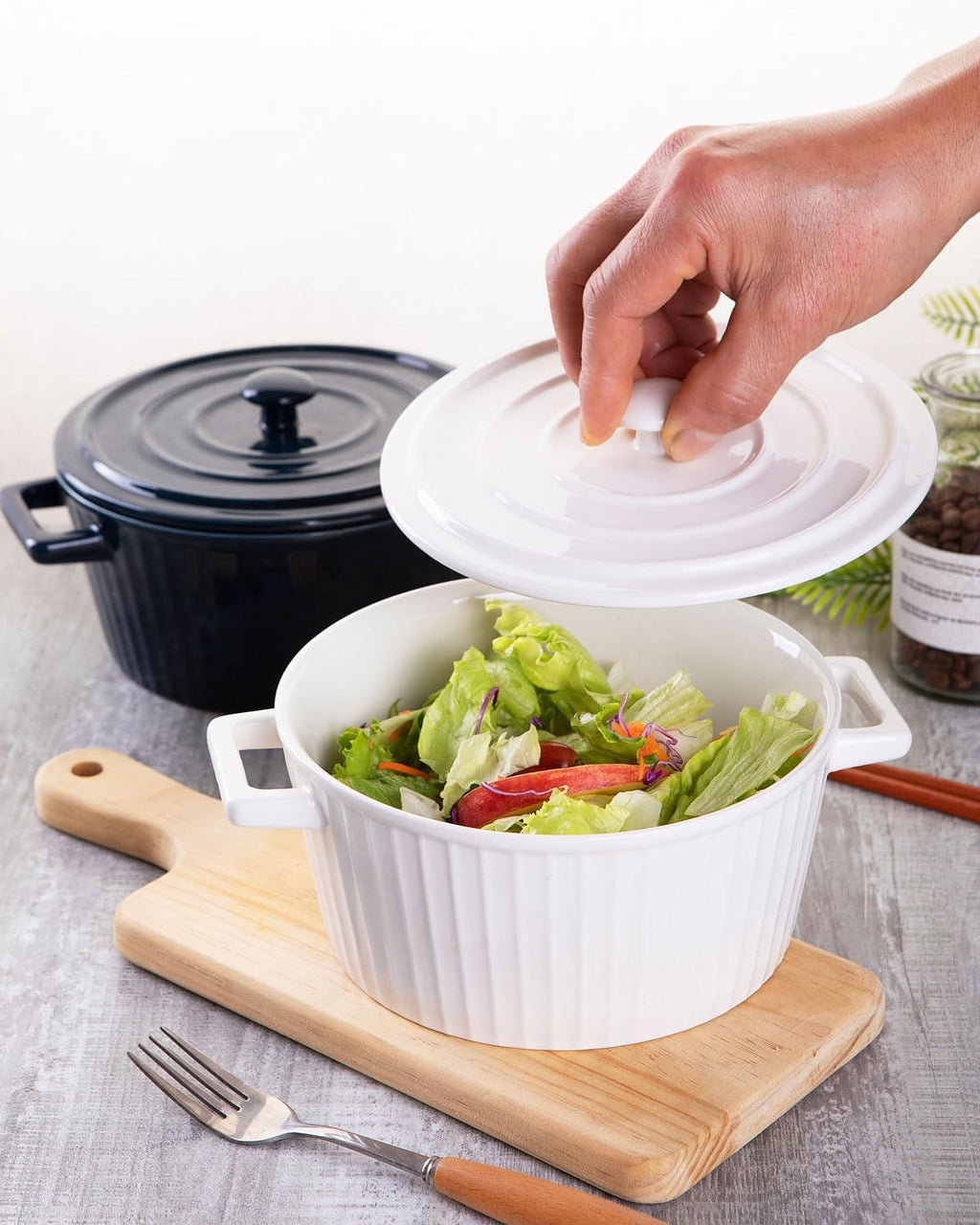 WHJY Ceramic Casserole Dish - Colorful White 1 Quart Bakeware with Lid for Oven Cooking