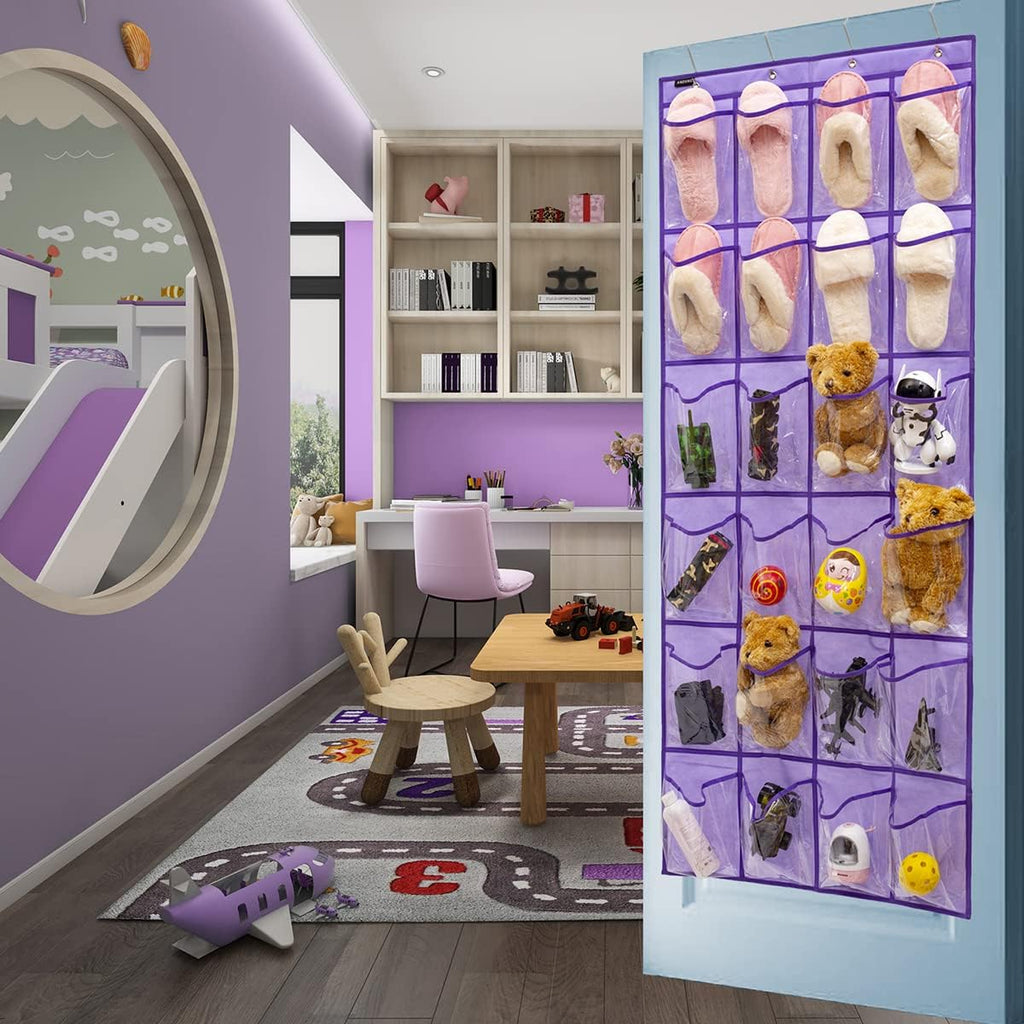 Skiennix Modern Over-The-Door Shoe Rack Organizer - 24 Clear PVC Pockets, Purple