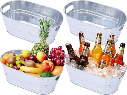4 Pack 4 Gallon Galvanized Ice Buckets for Parties, Large Metal Beverage Drink Tub Cooler with Leak-Proof Carry Handles, Heavy Duty Drink Tin Bins for Beer, Champagne and Wedding Bar Supplies