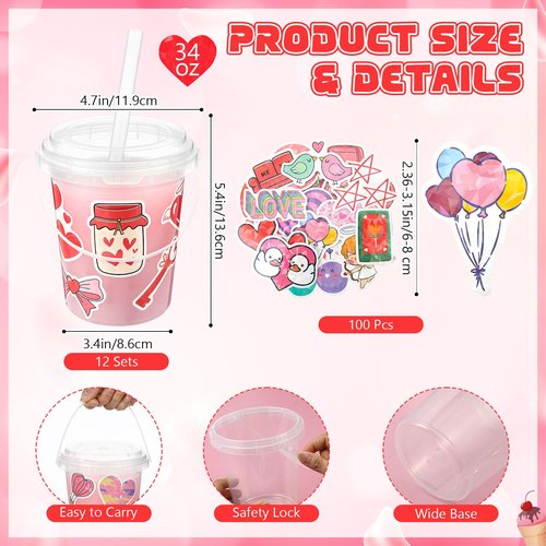 Funnymoom 12 Sets 34 oz Valentine's Day Plastic Drink Buckets with Lid and Straws with Valentines Day Stickers Clear Drink Cup Disposable Cocktail Rum Buckets Reusable for Party Favors Prize