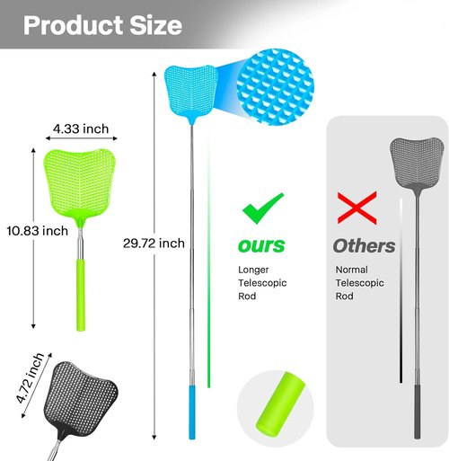 Begonia Telescopic Fly Swatter - Heavy Duty Manual Plastic with Stainless Steel Handle | 3 Pack