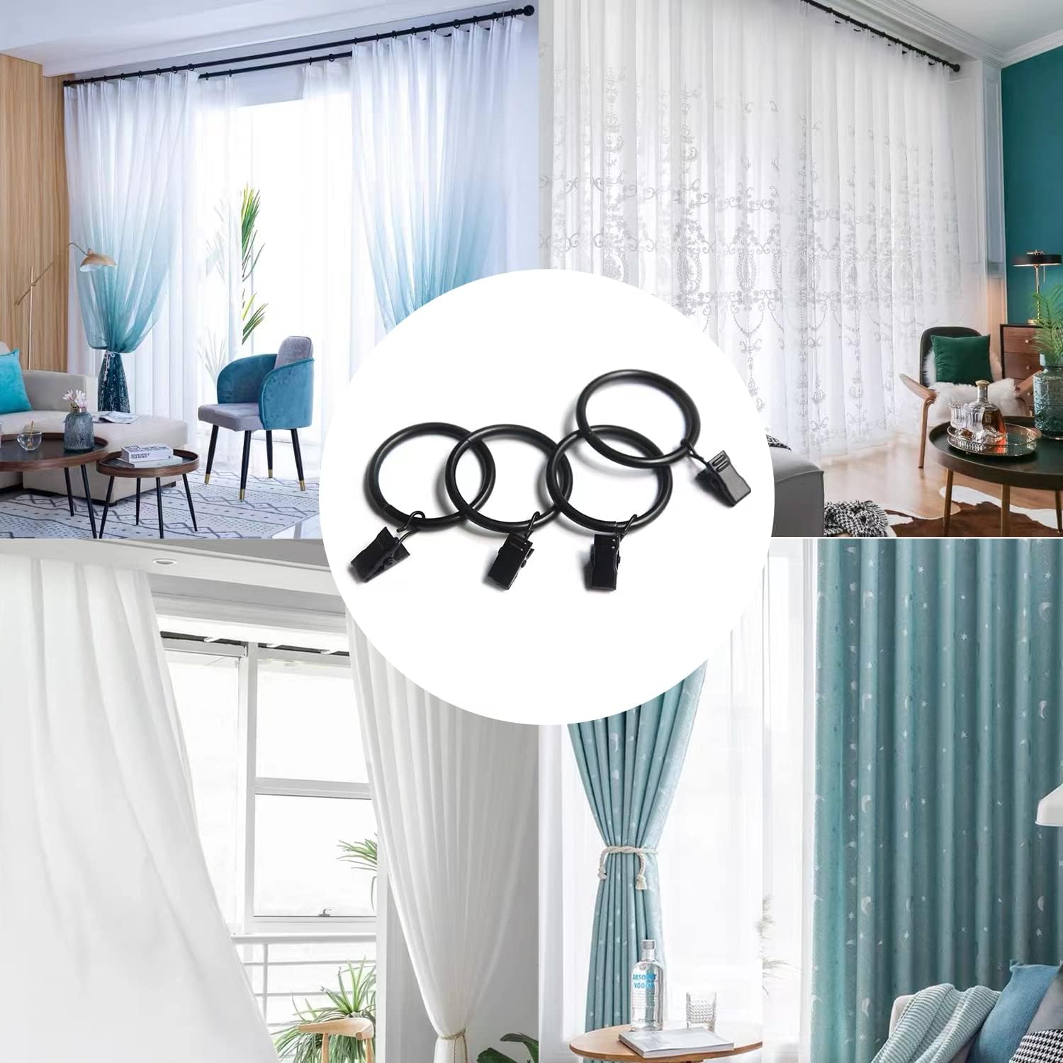 Skiennix 40 Pack Metal Curtain Rings - Durable Drapery Clips with 1.26 Inch Interior Diameter - Black