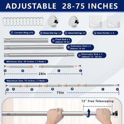 ZYKORT Shower Curtain Rod 28-75 Inch, Heavy-Duty Tension Rod, Non-Slip, Rustproof Stainless Steel, No Drilling Extendable Rod for Bathroom, Window & Closet.