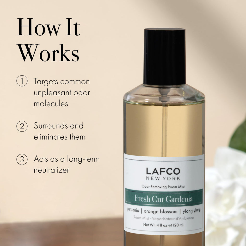 LAFCO New York Odor Removing Room Mist, Fresh Cut Gardenia - 4 oz - Eliminates Unpleasant Scents & Provides Luxurious Fragrance - Up to 750 Pump Sprays Per Bottle - Made in the USA