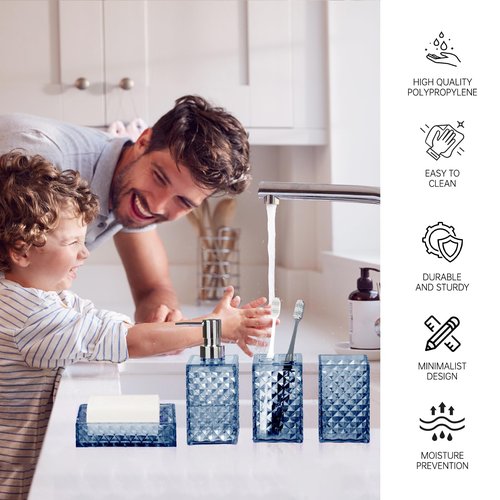 Bathroom Accessory Set, Grid Pattern 4 Pcs Plastic Bathroom Set Include Soap Dispenser, Soap Dish, Toothbrush Holder, Mousewash Cup, Modern Bahtroom Décor Set, Space Save for Bathroom(Dark Blue)