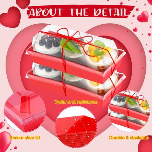 Ziliny 200 Pcs Red Dessert Treat Boxes with Clear Lids & Rope, 7.5" Rectangle Bakery Display Boxes for Cookies Cupcakes Macarons, Wedding Favor, Mother's Day Treats