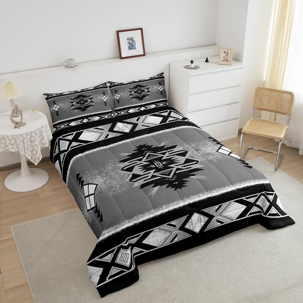 Manfei Tribal Ethnic Comforter Set Queen Size, Southwestern Native American Tribal Quilt Set with 2 Pillowcases, Abstract Geometric Bedding Set 3pcs for Kids Boys Lightweight Duvet Insert
