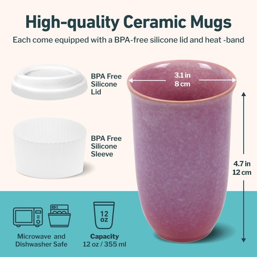 NOVA CERAMICS Coffee Travel Mug – Cup Holder Friendly Travel Mug– Microwave & Dishwasher Safe White & Purple Tumbler - Coffee Mug Fits In Cup Holder – 12oz – Astral Bloom
