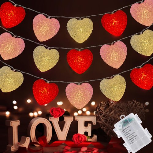 Valentines Decor Lights Battery Operated 6.9FT 10 LED Red Pink White Heart String Lights with Timer, 8 Modes Valentine's Day Light Romantic Heart Fairy Light for Home Bedroom Valentines Wedding Decor