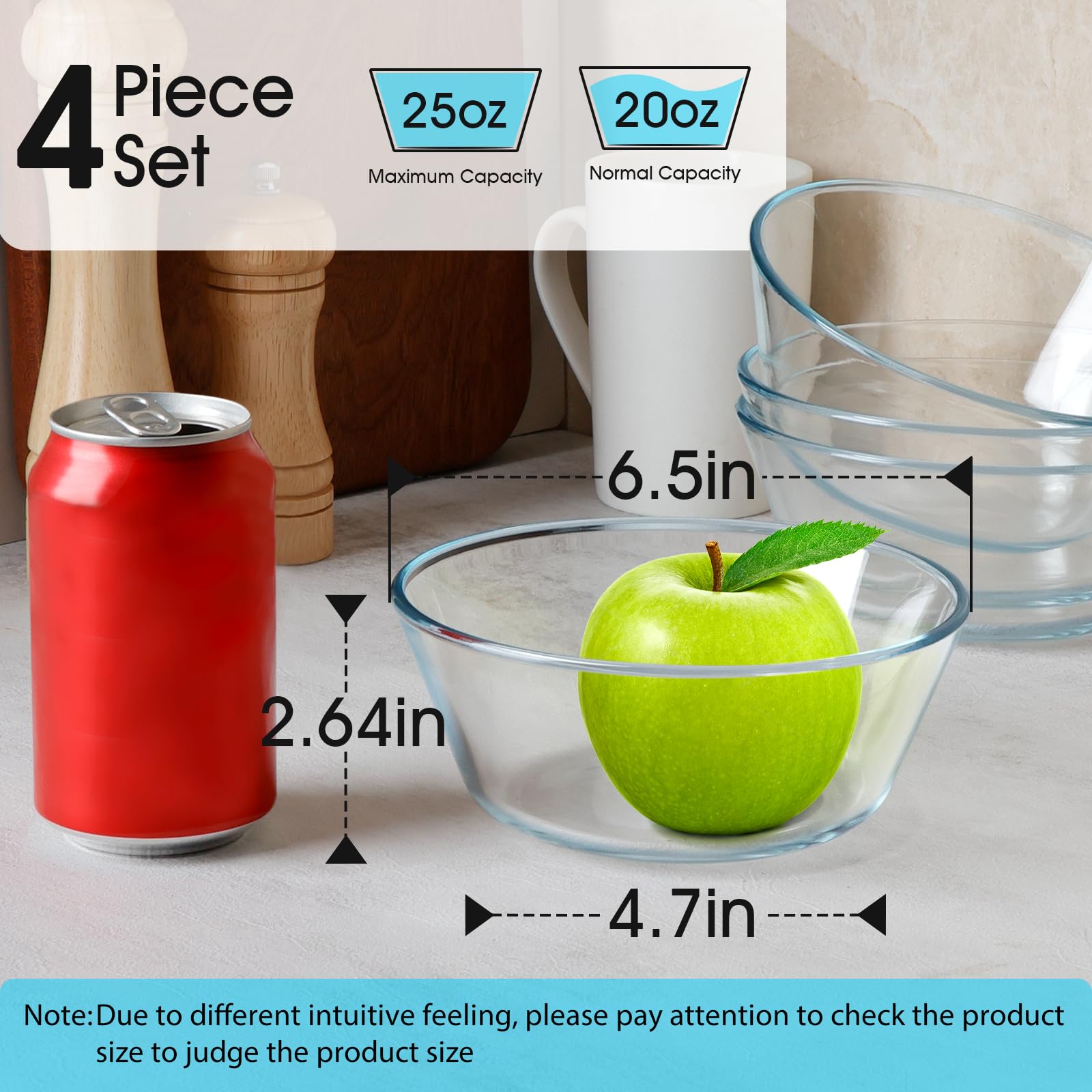 NUTRIUPS 25oz Flat Bottom Small Glass Bowls Set of 4, 6in Clear Glass Cereal Bowls, Shallow Bowl for Kitchen, Microwave and Oven Safe
