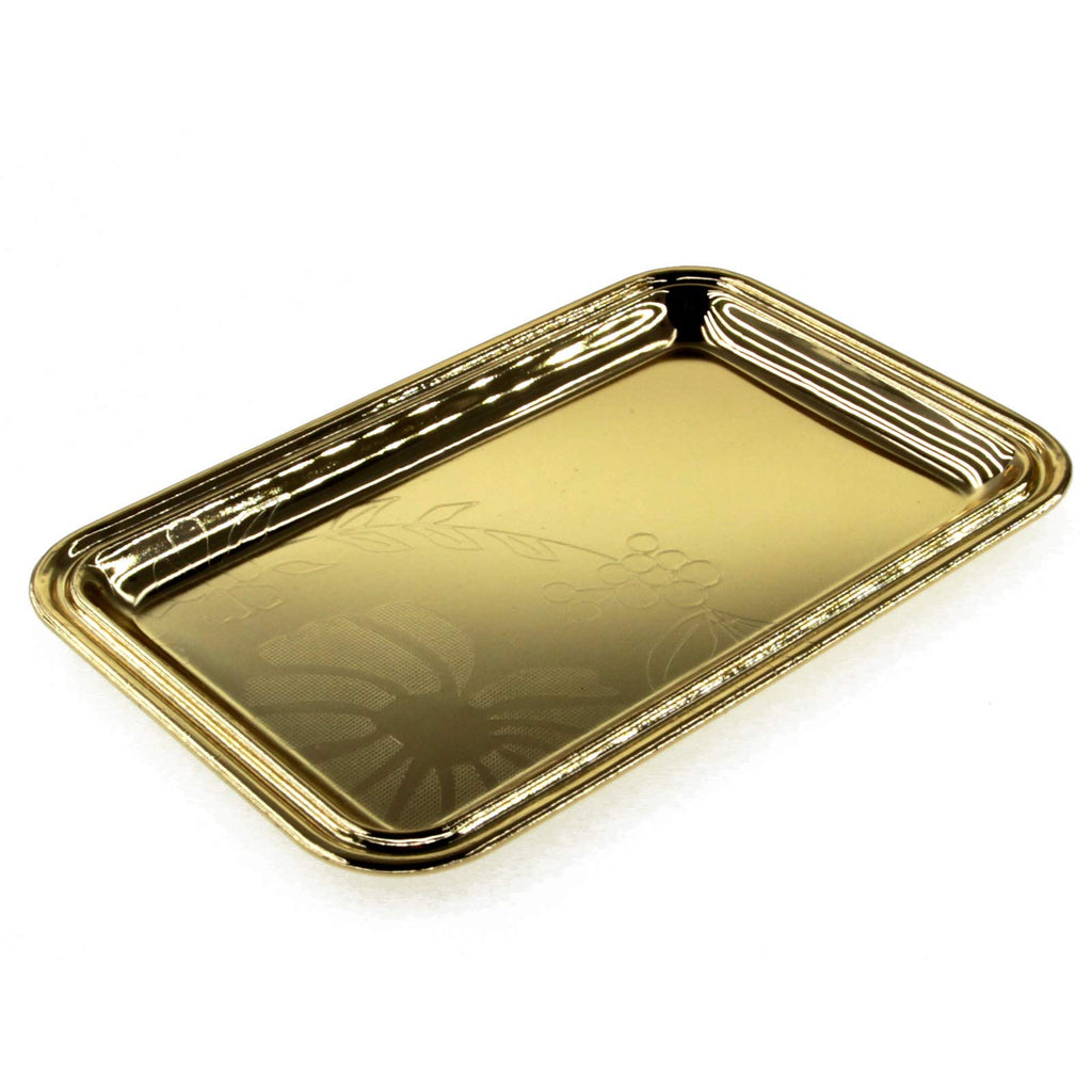 Maro Megastore (Pack of 4) 7 inch x 4.7 inch Rectangular Iron Gold Plated Mirror Serving Tray Floral Engraved Decorative Party Birthday Wedding Buffet Wine Decor Platter Plate Base Dish CC-1155