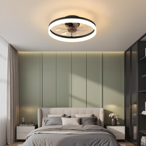 PUSU 15.8" Low Profile LED Ceiling Fans with Light, Reversible Flush Mount with Remote and 6 Winds Speeds Fan Lighting, 3 Colors Dimmable for Bedroom, Garage, Kids, Dinning Room, Kitchen (Black)
