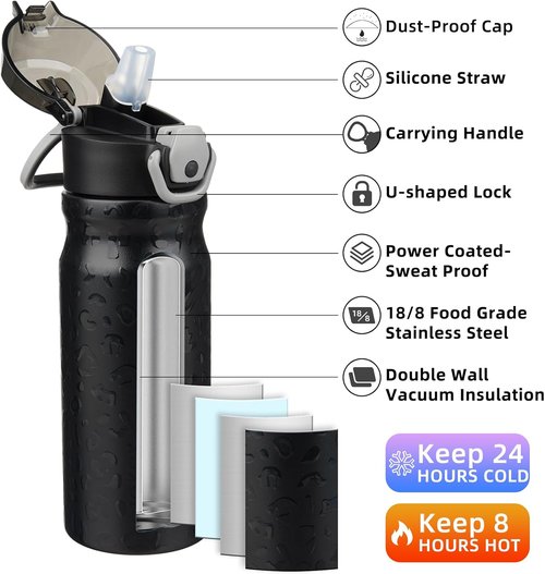 BJPKPK 18oz Insulated Water Bottle - Stainless Steel, BPA-Free, Leak-Proof, Black Leopard Design