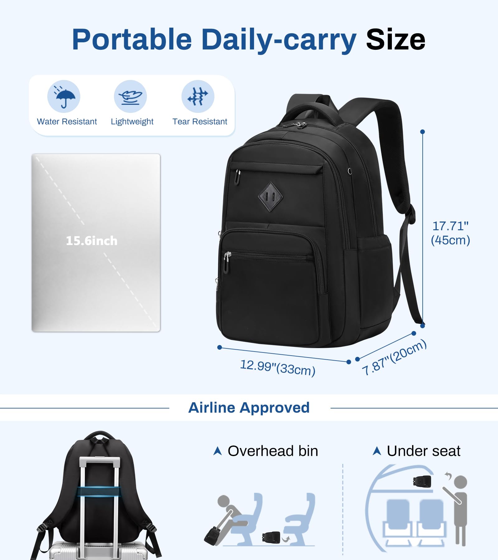 School Backpack for Girls, Lightweight Kids Bookbag for Boys Classic College Backpack for Teen Men Women with Luggage Strap, Age 8-18 Years Old, Black